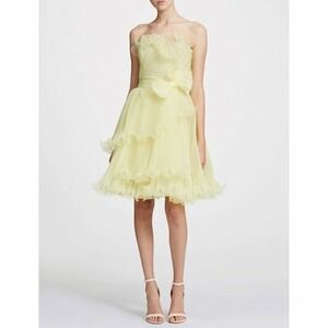Marchesa Yellow Strapless Ruffle Trim Pleated Organza Dress Size 12 $2995